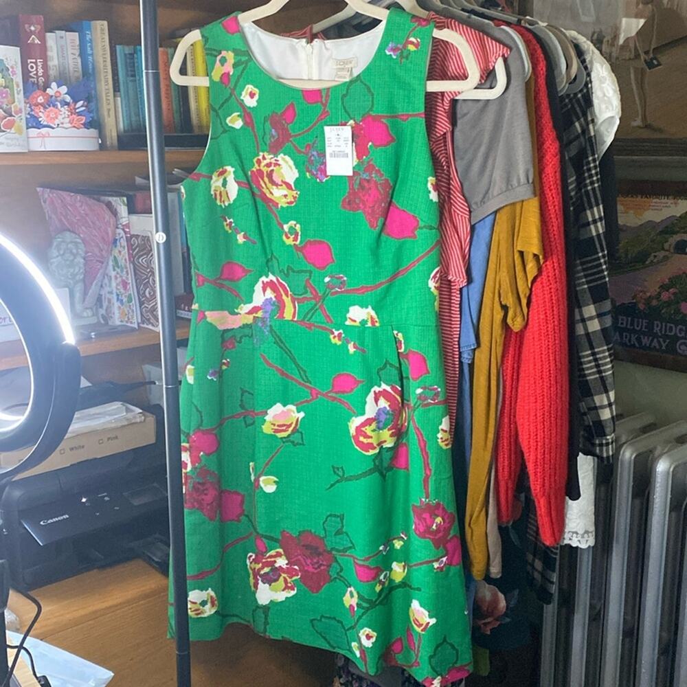 J. Crew Factory Green Floral Midi Dress with Pink and Yellow Accents